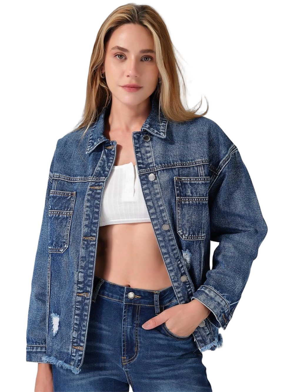 🪗ROSWEAR Jean jacket fringe oversized distressed denim trucker size XL NEW